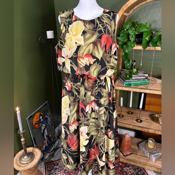 Betsy’s Things VTG Tropical Floral Green Yellow Red Leaves Midi Dress - Picture 4 of 4